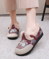Comfy Embroidery Flat Feet Shoes Red Fuzzy Wool Lined