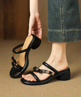 Beautiful Splicing Chunky Black Cowhide Leather Slide Sandals