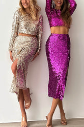 Solid Sequined Long-sleeved Crop Top and Slit Midi Skirt Set