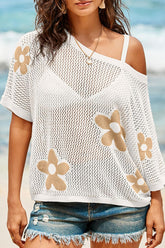 Floral Jacquard Loose-fitting Round Neck Short-sleeved Casual Knitted Cover-up