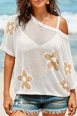 Floral Jacquard Loose-fitting Round Neck Short-sleeved Casual Knitted Cover-up