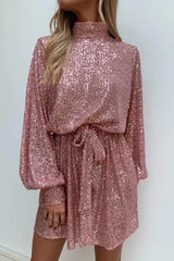 Sequined Long-sleeved Belted Casual Mini Dress