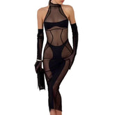 AVELINE 2025 Perspective Gauze Irregular Patchwork Shaping Stunning Nightclub Dress with Gloves three-piece Set