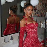 AVELINE 2025 Spring/Summer Strap Long Sleeve Party Club Tight Lace Red Mini Dress Wholesale Business Supplies