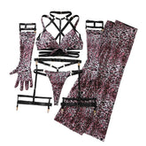 AVELINESexy, wild, complex lingerie leopard print bra set with stockings, gloves, tempting and erotic lingerie