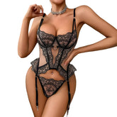 Amazon 2026 Eyelash Lace Embroidery Perspective Splicing Mesh Gather Thin Body Shaping Two Piece Set