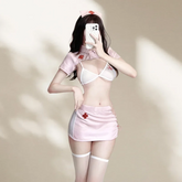 Backless Sweet Three-piece Set Slit Expose Chest Lingerie Pure Desire Seduction Uniform Split Nurse Side Strap Seduction