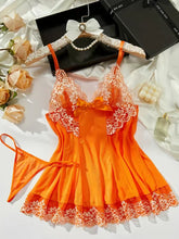 Contrast Lace Lingerie Set, Deep V Backless Bow Slip Dress & Thong, Lingerie & Underwear