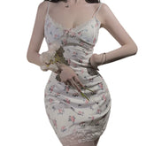 Cute Bold Suspender Dress Taste Freshness Small Floral Patterns Contrasting Colors Lace Low Cut Short Skirt