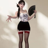Cute Sweet Gentle Style Erotic Lingerie Chinese Style Hanging Neck Short Skirt Printed High-end Seductive Suit