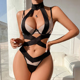 European and American Splicing Mesh Cross Underwear Perspective Hollow Back and Low cut Charm Two piece Set