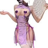 Exposed Flirtatious Backless Chinese Style Purple Cheongsam High Slit Tie Lace Up Lingerie Seductive Uniform Skirt