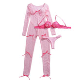 Fashionable Pure Desire Girl Three Piece Tight Package Hip Pink Long Sleeve Long Pants Lace jumpsuit Set