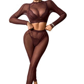 Fashionable and comfortable backless long sleeved see through mesh shaping lace triangle cup lingerie split set