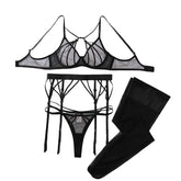 Fashionable and high-quality deep V ultra-thin perspective cross tie bow accessory gathering underwear four piece set