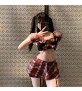 Flirtatious Bold JK Uniform Crimson Checkered College Style Abstinence-oriented Pleated Skirt Lingerie Set