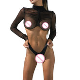 Foreign Trade 2026 Spicy Girl Half High Collar Long Sleeve Mesh Perspective Body Shaping and Slimming Split Two Piece Set
