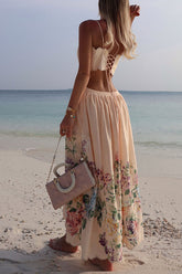 Cabo Sunsets Floral Print Petal Trim Back Lace-up Midi Dress
