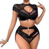 Light Chinese-style fringe adorned sheer panel lace body-shaping backless cut-out lingerie three-piece set