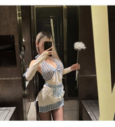 Pure Desire Blue Maid Halter Hips-hugging Dress Deep V Low-cut Backless Little Kitchen Maid Lingerie Fun Sleeping Dress