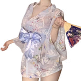 Skirt Deep V Temptation Flirtatious Sweet Bow Tie Printed Embroidered Kimono Bathrobe Chiffon Nightgown Erotic Lingerie