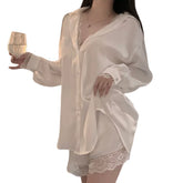 Summer Cool Leisure Comfortable Loose Shirt Lace Erotic Ice Silk Shirt Skirt Home Suit Set