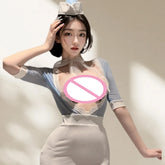 Wild Fairy Expose Chest Rabbit Mature Sister Wind Deep V Secretary Uniform Underwear Flight Attendant Bag Hip Skirt