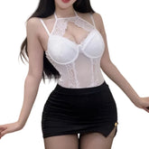 Wrapped Hip Skirt Tight-fitting Sleeveless Flirtatious Lace Mesh See Through Hollowed Out Neckband Tie Lingerie Jumpsuit