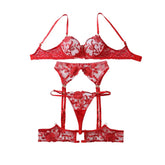 red heavy industry rose embroidery slim fit perspective gathering gemstone decoration lingerie four piece set