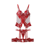 red heavy industry rose embroidery slim fit perspective inlaid gemstone decoration lingerie three piece set