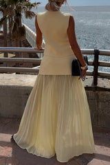 Elegant Knit Spliced Tulle Elastic Waist Pleated Maxi Skirt