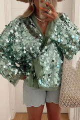 Sequined Long-sleeved V-neck Loose Lace-up Cardigan