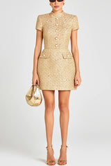 Gold Standard Tweed Fabric Pearl Button Short Sleeve Pocketed Mini Dress