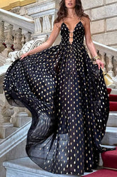 Party Charm polka dot black design chiffon gold polka dot print hollow out lightweight long skirt