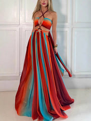 Colorful lucky chiffon printed ring with hollowed out design, slit holiday dress