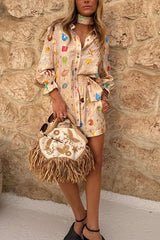 Gold Stamping Unique Printing Lapel Long Sleeve Shirt and Elastic Waist Casual Pocket Shorts Set