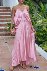 Venus Satin V-neck Draped Pleated Slip Loose Maxi Dress