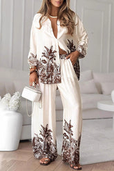 Botanical Print Loose Long-sleeved Shirt and Elastic Waist Pocket Casual Wide-leg Pants