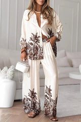 Botanical Print Loose Long-sleeved Shirt and Elastic Waist Pocket Casual Wide-leg Pants