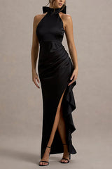 Maureen Satin High Neck Ruched Ruffle Slit Draped Maxi Dress