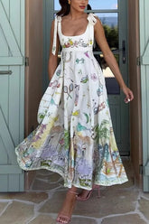 Euro View Linen Blend Unique Print Tie-up Straps Pocket Midi Dress