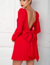 party dress fluffy shoulder long sleeved back bow detail mini dress