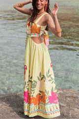 Resort Style Unique Print Square Neck Backless Waist Maxi Dress
