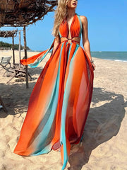 Colorful lucky chiffon printed ring with hollowed out design, slit holiday dress