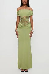 Solid Color Off Shoulder Splicing Lace Extra Long Slimming Dress