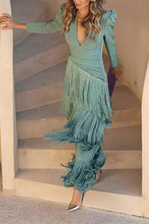 Solid Color V-Neck Long Sleeve Elegant Tassel Maxi Dress