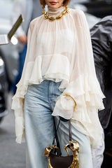 Flowy See-through Ruffle Tie-up Neck Bell Sleeve High-low Hem Cape Shirt
