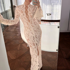 Garcelle Floral Lace Lace-up Long Bell Sleeve Slit Midi Dress