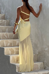 Fable Satin One Shoulder Back Adjustable Straps Contrast Chiffon Hem Maxi Dress