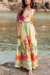 Resort Style Unique Print Square Neck Backless Waist Maxi Dress